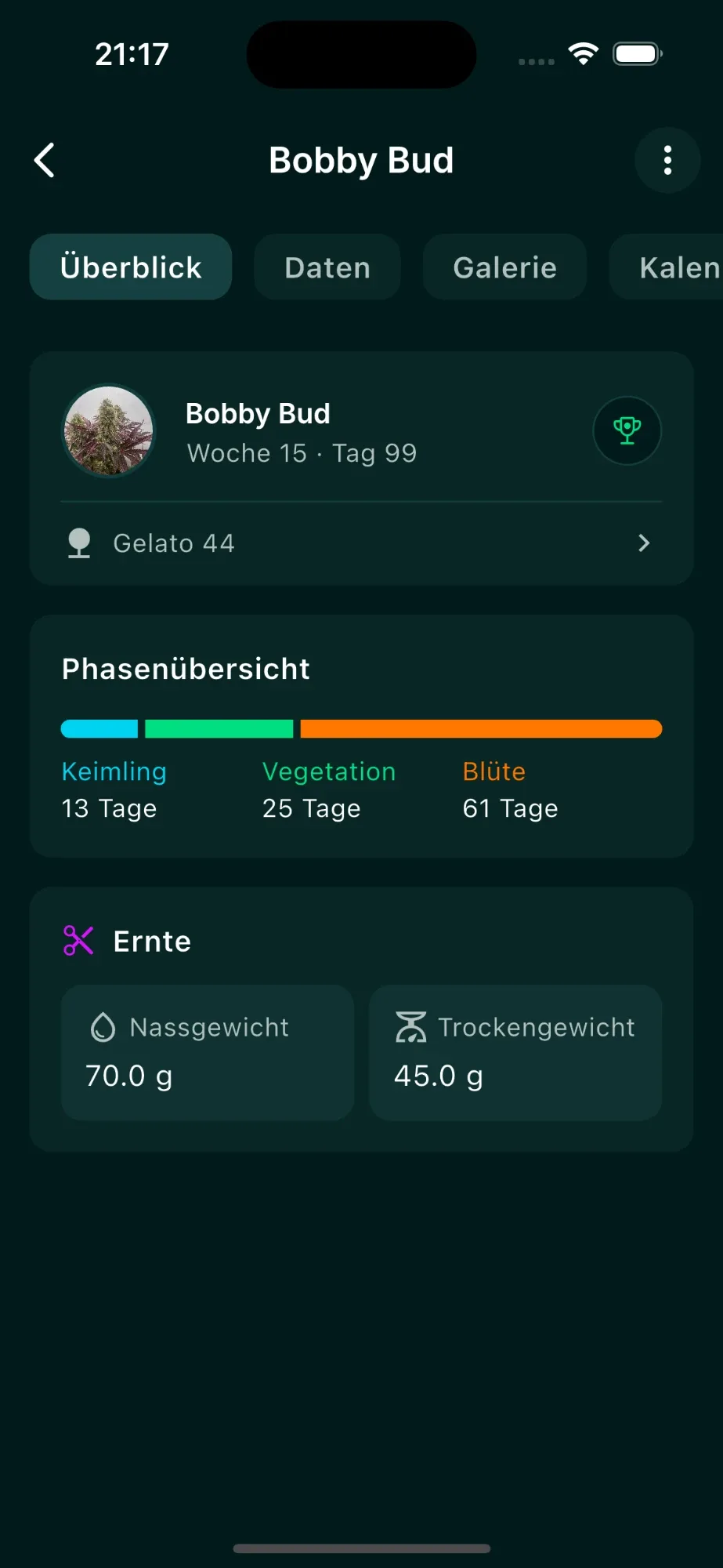 GrowDat-Screen Ernte: Phasenübersicht sowie Nass- und Trockengewicht einer geernteten Pflanze