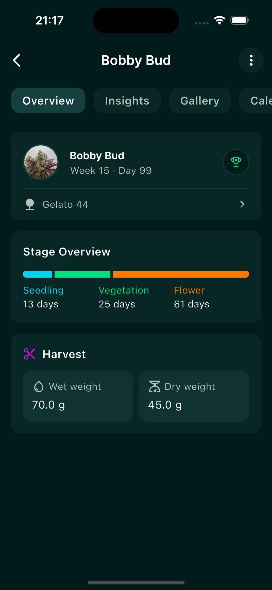 GrowDat harvest screen: stage overview plus wet and dry weight of a harvested plant