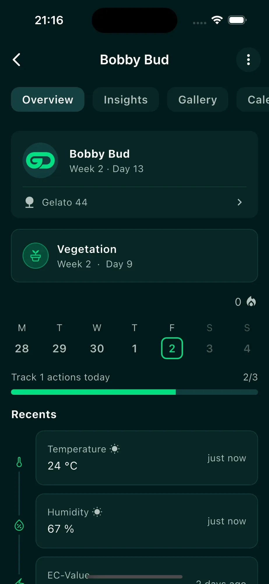 GrowDat overview screen: plant Bobby Bud in vegetation with week calendar, daily goal and recent entries